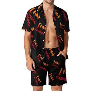 I Love Canada Hawaiiaanse sets voor heren, 2 stuks, losse pasvorm, shirts en shorts met korte mouwen, strandoutfits, M