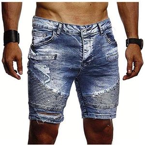 Heren Shorts Jeans Ripped Stretch Zomer Slim Fit Basic Korte Denim Jongens Casual Vouwen Chino Broek - blauw - Een maat