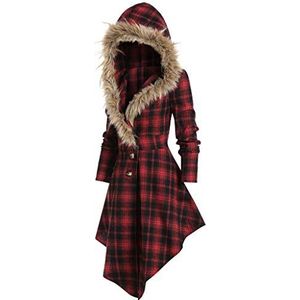 Kanpola Damesmantel, hoodie, jurk, geruite jurk, vintage cape, voor herfst en winter, feestkostuum, slimfit, retro jurk met capuchon van imitatiebont, 22, rood, 32