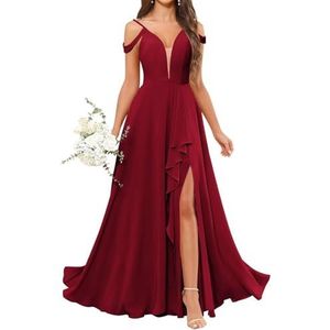 HPPEE Avondjurk voor dames, V-hals, blote schouders, bruidsmeisjesjurk met split en ruches, Bordeaux, 32