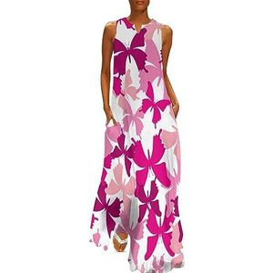 Roze vlinder kanker over dames enkellengte jurk slim fit mouwloze maxi-jurk casual zonnejurk S