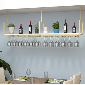 Hangend wijnglazenrek, hangende plank, plafondwijnrek/hangende rekcombinatie, loft wijnglazenrek met rasterontwerp om te voorkomen dat items vallen(Gold,60 * 30 * 60)