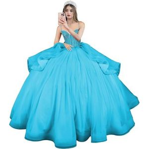 Fuomomo Quinceanera MT054 Jurken met spaghettibandjes, partyjurk met staart, Quinceanera kanten jurk met strik, Quinceanera tule met parels, Blauw, 36