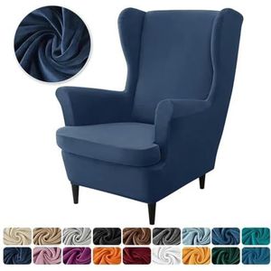Fluwelen vleugelstoelhoezen Stretch Wingback fauteuilhoes met zitkussenhoes Elastische effen kleur fauteuil hoes-Marineblauwe hoes