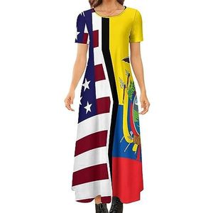 Amerikaanse en Ecuador vlag vrouwen zomer casual korte mouw maxi-jurk ronde hals bedrukte lange jurken 5XL