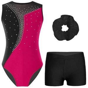 HEUchuan Turnpakjes voor meisjes, dans, gymnastiek, turnpakjes met V-voorkant, tailleband, shorts, sets voor training, yoga, schaatsen, bodysuit, ballet outfits, roze, 8