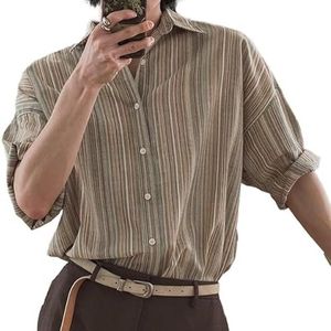 OHERUWKLS Heren Zomer Losse Casual Verticaal Gestreept Shirt Met Korte Mouwen Trendy Professionele Slijtage,Messing,L