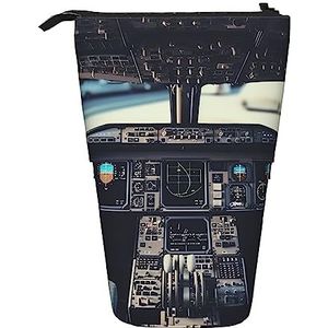 Vliegtuig Cockpit Potlood Case Telescopische Make-up Tas Pop Up Office Organizer Box Staande Pen Houder Cosmetica Tas Met Ritssluiting, Zwart, Eén maat