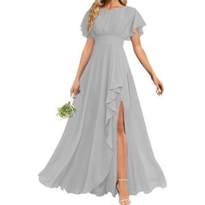 AHERKLL Bruidsmeisjesjurken met korte mouwen voor bruiloft ruches chiffon formele avondfeest maxi-jurk met split HAH053, Zilver, 32