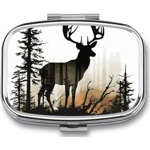 Vierkante Pillendoos Herten Silhouet Pillendoosje 2 Compartiment Geneeskunde Pil Organizer voor Portemonnee & Pocket Draagbare Reizen Pillendoos Geneeskunde Vitamine Kabeljauw Leverolie Opbergdoos