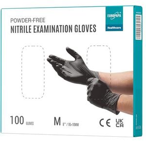 EUROPAPA 100 x nitrilhandschoenen, doos wegwerphandschoenen, onderzoekshandschoenen, nitril handschoenen, poedervrij, zonder latex, niet-steriel, latexvrij, wegwerphandschoenen (M, Zwart)