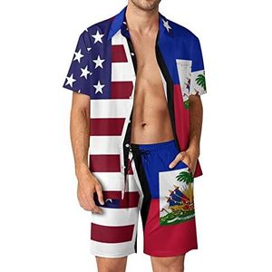 Hawaiiaanse sets met Amerikaanse en Haïtiaanse vlag voor mannen, button-down trainingspak met korte mouwen, strandoutfits, 2XL