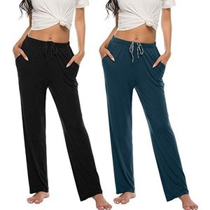 MoFiz Lange pyjamabroek voor dames, nachtkleding, zachte loungebroek, vrijetijdsbroek met zakken, zwart + blauw., S