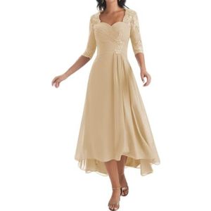 KIYNE Damesjurk, lange jurk voor moeder van de bruid met mouwen, geplooide kanten applicatie, V-hals, formele avondjurk, Champagne, 32
