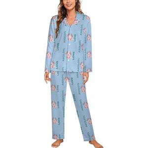 Liefde Leuke Roze Axolotl Vrouwen Lange Mouw Button Down Nachtkleding Zachte Nachtkleding Lounge Pyjama Set L