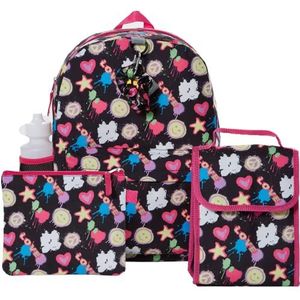 CLUB LIBBY LU Rugzakset voor meisjes, 40,6 cm, 6 stuks, inclusief opvouwbare lunchtas, waterfles, scrunchie en etui, Zwart Hart Liefde Vrede, Laptop Rugzak