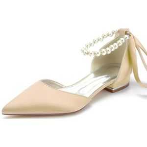 Vrouwen Puntige Teen Ivoor Bruiloft Flats Satijn Parelen Enkelband Bruiloft Schoenen Voor Bruid Prom Avond Bruidsfeest Jurk Flats,Champagne,36 EU