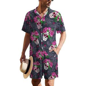 Rose Flower Day of The Dead Sugar Skull Hawaiiaanse pak voor heren, set van 2 stuks, strandoutfit, shirt en korte broek, bijpassende set