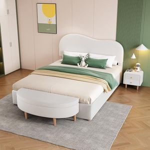 Aunlva Complete slaapkamerset, gestoffeerd bed + 1 x nachtkastje + bedkruk, hydraulisch tweepersoonsbed, verstelbaar hoofdeinde, nachtkastje met 2 laden, bedkruk met opbergruimte, imitatievlies, wit,