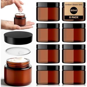 16-pack Amber Glazen Potten - 60ml Reis Cosmetische Containers met UV-Bescherming - Kleine Glazen Potten met Witte Deksel Inzetstukken, Doorzichtige Spatels en Zwarte Schroefdoppen