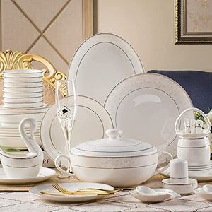 60 stuks hoogwaardig porseleinen serviesgoed Luxe bord en komstel Chinees servies met gouden rand, geschikt voor familiediners, feesten