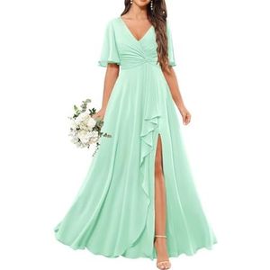 Chiffon bruidsmeisjesjurken voor dames, met spleetplooien, formele avondjurken, grote maten, mintgroen, 32