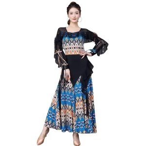 Tytyozay Elegante dames standaard dansjurk, elegante vierkante halslijn lange mouwen ballroom dansjurk met ruches en mesh stof moderne wals en tango podiumjurk,Blauw,L