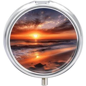 3 Compartiment Kleine Pillendoos Reizen Geneeskunde Pil Organizer met Spiegel Vochtbestendige Pillen Case Strand Zonsopgang Draagbare Pocket Geneeskunde Organizer Ronde Vitamine Organizer Box