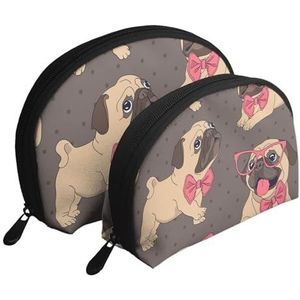 Make-uptas, cosmetische reistas, 2 stuks draagbare clutch pouch-set zakje organizer cartoon mopshond puppy in een bril en in een vlinderdas, zoals afgebeeld, Eén maat