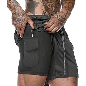 SOMTHRON 2-in-1 shorts voor heren, sneldrogende hardloopshorts, fitness, joggen, korte broek met zakken, zwart, L