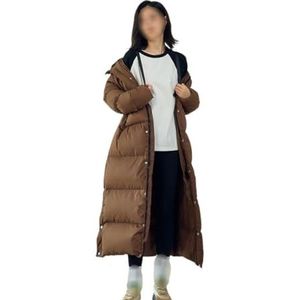 WMMNHY Witte eenddonsjas for dames, lange knielengte, losse, warme en dikke herfst-/winterbruine jas(XXX-Large)