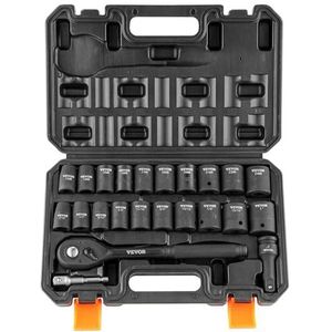 VEVOR 1/2"" Drive Impact Socket Set, 23-delige Socket Set SAE (7/16"" -1"") & Metrisch (13-24mm) 6 Point Cr-V Legering Staal voor Auto Reparatie met Ratel Handvat Robuuste Bouw Opbergkoffer
