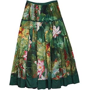 FEOYA Dames Retro Maxirok Elastische Taille Lange Rok Zomerrok Bloemenprint Feestelijke Rok Katoen Plooirok voor Cocktail Vrije Tijd Vakantie