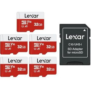 Lexar Micro SD Kaart 32GB 5-Pack E-Serie, microSDHC UHS-I Geheugenkaart met Adapter - Tot 100 MB/s, C10, U1, A1, V10, Full HD, Hoge Snelheid TF-kaart (5 microSD-kaarten + 1 Adapter)
