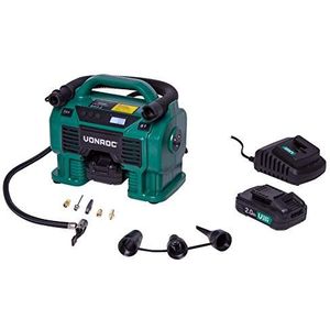 VONROC Accu compressor VPower 20V – 20V accu & 12V Sigaretten-aanstekeraansluiting - Pomp- en zuigfunctie - Max. werkdruk 11 bar – Incl. 8 accessoires – Incl. 2x 2.0Ah accu en oplader