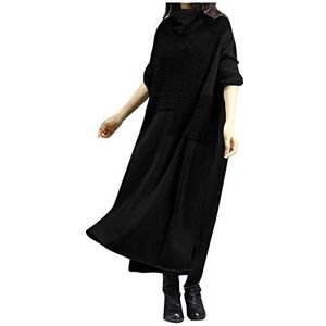 Hoge hals winter casual maxi-jurken voor vrouwen VK grote maat dames halve mouw swing lange ronde jurk dames grote split casual effen kleur jurk dames basic losse jurk, Zwart, 5XL