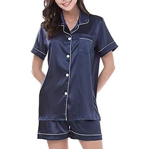 Ladieshow Dames Pyjama Set Casual Wear Satijn Dames Pj Zomer Lace Up Korte Mouw Loungewear Nachtkleding Tweedelige Set, Navy Blue-short, S