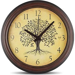 Wandklok boom des levens, diameter 30,5 cm, grote cijfers, radio, stil en stil, framelijst – wijzerplaat met houteffect