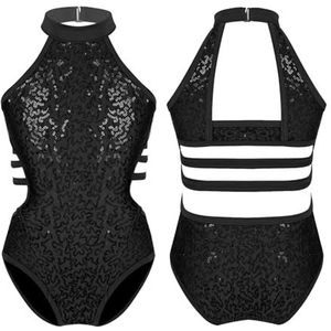 NUOYIXUAN Balletpak voor meisjes, glinsterende pailletten, mouwloos, met dunne bandjes en tailleriem (zwart, 14)