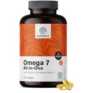 HealthyWorld Omega-7 All-in-One - 120 zachte capsules - Omega 3-6-7-9 vetzuren - Duindoornolie - Met vitamine E en vitamine A - 4 maanden voorraad - Veganistisch
