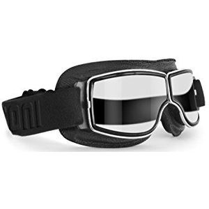 Bertoni motorbrill zwart leer met verchroomd frame - anticrash heldere lens - speciale ventilatie - mod.AF188B - motor vintage pilotenhelm bril