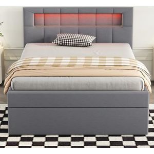 Idemon 90 x 200 cm plat bed, gestoffeerd bed, hydraulisch eenpersoonsbed, minimalistisch design, stijlvolle bekleding (grijs)