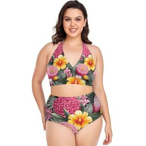Tropische Palmboom Bloem Vrouwen Bikini Sets Plus Size Badpak Twee Stukken Hoge Taille Strandkleding Meisjes Badpakken, Pop Mode, XXL
