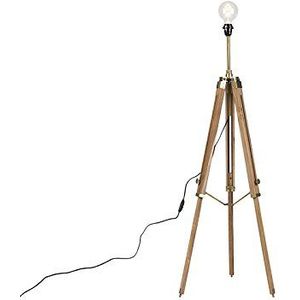 QAZQA - Landelijke vloerlamp tripod hout met antiek messing - Cortin | Slaapkamer | Keuken - Hout - E27 Geschikt voor LED - Max. 1 x 40 Watt
