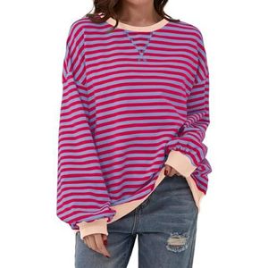 Women Oversized Striped Color Block Long Sleeve Crew Neck Sweatshirt Casual Loose Pullover Y2k Shirt Top (M,Purple Pink)