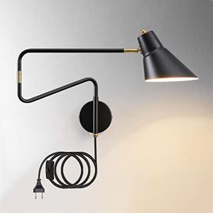 Moderne schommelarm nachtkastje wandlamp E27 met stekker in snoer, lange arm metalen leeswandlamp voor slaapkamer woonkamer keukenkast hal studie kantoor,zwart