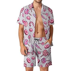 Roze snoepjes met harten Hawaiiaanse bijpassende set voor heren, 2-delige outfits, overhemden en shorts met knopen voor strandvakantie