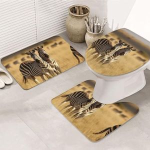 VTCTOASY Zebra in het gras print badkamer tapijten sets 3-delige absorberende toiletdeksel antislip U-vormige contourmat voor toilet badkamer