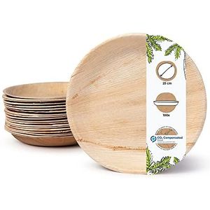 BIOZOYG Palmware Hoogwaardige borden van palmblad, 100 stuks, rond, blad, palmboom, Ø 25 cm, biologisch wegwerpservies voor feestjes, snel afbreekbaar