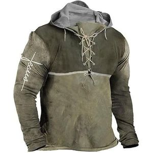 keepmore Heren 3D digitale bedrukte hoodie vintage losse vetersluiting capuchon lange mouwen sweatshirt, 10 uur, M